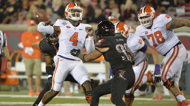 Dec 3, 2016; Orlando, FL, USA; Clemson Tigers quarterback Deshaun Watson (4) attempts a pass against the Virginia Tech Hokies during the first half of the ACC Championship college football game at Camping World Stadium. Photo Credit: Jasen Vinlove-USA TODAY Sports
