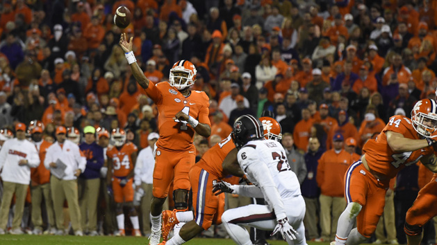 Nov 26, 2016; Clemson, SC, USA; Clemson Tigers quarterback Deshaun Watson (4) throws a touchdown pass to wide receiver Artavis Scott (not pictured) during the third quarter against the South Carolina Gamecocks at Clemson Memorial Stadium. Photo Credit: Tommy Gilligan-USA TODAY Sports