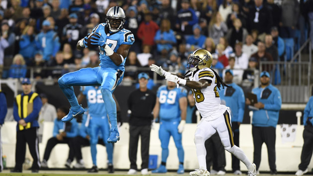 Nov 17, 2016; Charlotte, NC, USA; Carolina Panthers wide receiver Devin Funchess (17) catches a pass as New Orleans Saints cornerback B.W. Webb (28) defends in the second quarter at Bank of America Stadium. Photo Credit: Bob Donnan-USA TODAY Sports