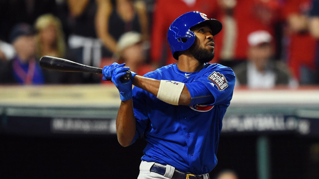 Nov 2, 2016; Cleveland, OH, USA; Chicago Cubs center fielder Dexter Fowler hits a solo home run against the Cleveland Indians in the first inning in game seven of the 2016 World Series at Progressive Field. Photo Credit: Tommy Gilligan-USA TODAY Sports