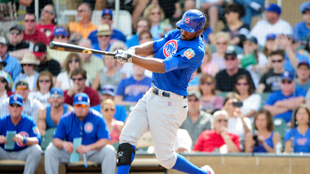 Mar 6, 2016; Salt River Pima-Maricopa, AZ, USA; Chicago Cubs center fielder Dexter Fowler (24) hits a solo home run in the third inning against the Arizona Diamondbacks at Salt River Fields at Talking Stick. Mandatory Credit: Matt Kartozian-USA TODAY Sports