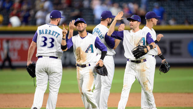 Aug 31, 2017; Phoenix, AZ, USA; Arizona Diamondbacks players celebrate after defeating the Los Angeles Dodgers at Chase Field. The Diamondbacks won 8-1. Photo Credit: Joe Camporeale-USA TODAY Sports