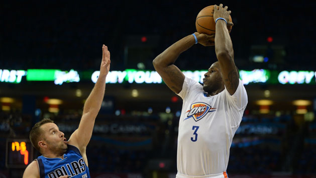 Apr 25, 2016; Oklahoma City, OK, USA; Oklahoma City Thunder guard Dion Waiters (3) shoots the ball over Dallas Mavericks guard J.J. Barea (5) during the third quarter in game five of the first round of the NBA Playoffs at Chesapeake Energy Arena. Mandatory Credit: Mark D. Smith-USA TODAY Sports