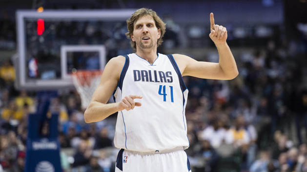 Jan 22, 2017; Dallas, TX, USA; Dallas Mavericks forward Dirk Nowitzki (41) reacts after scoring against the Los Angeles Lakers during the first quarter at the American Airlines Center. Photo Credit: Jerome Miron-USA TODAY Sports