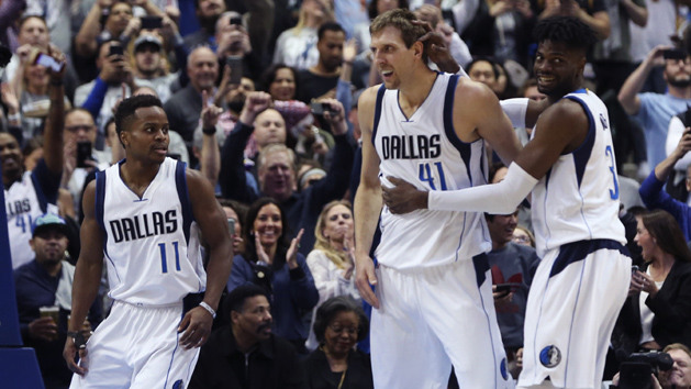 Mar 7, 2017; Dallas, TX, USA; Dallas Mavericks forward Dirk Nowitzki (41) celebrates with guard Yogi Ferrell (11) and forward Nerlens Noel (3) after scoring his 30,000th point during the second quarter against the Los Angeles Lakers at American Airlines Center. Photo Credit: Kevin Jairaj-USA TODAY Sports