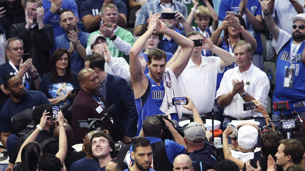Apr 9, 2019; Dallas, TX, USA; Dallas Mavericks forward Dirk Nowitzki (41) reacts after the game against the Phoenix Suns at American Airlines Center. Photo Credit: Kevin Jairaj-USA TODAY Sports