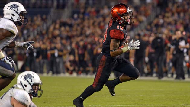 Oct 23, 2015; San Diego, CA, USA; San Diego State Aztecs running back Donnel Pumphrey (19) carries the ball to score a touchdown during the second quarter against the Utah State Aggies at Qualcomm Stadium. Mandatory Credit: Jake Roth-USA TODAY Sports