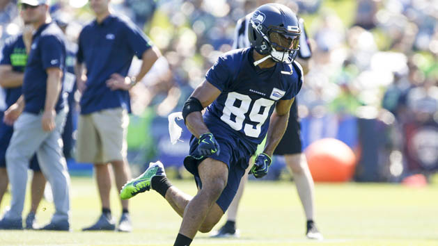 Jul 26, 2018; Renton, WA, USA; Seattle Seahawks wide receiver Doug Baldwin (89) participates in training camp practice at the Virginia Mason Athletic Center. Photo Credit: Joe Nicholson-USA TODAY Sports