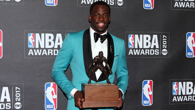 Jun 26, 2017; New York, NY, USA; Golden State Warriors player Draymond Green poses for photos with his defensive player of the year award during the 2017 NBA Awards at Basketball City at Pier 36. Photo Credit: Brad Penner-USA TODAY Sports
