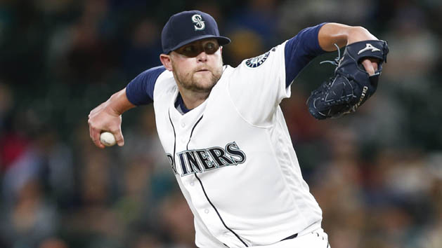 Aug 9, 2016; Seattle, WA, USA; Seattle Mariners relief pitcher Drew Storen (45) throws against the Detroit Tigers during the twelfth inning at Safeco Field. Photo Credit: Joe Nicholson-USA TODAY Sports