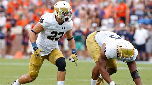Sep 12, 2015; Charlottesville, VA, USA; Notre Dame Fighting Irish safety Drue Tranquill (23) lines up against the Virginia Cavaliers at Scott Stadium. Mandatory Credit: Geoff Burke-USA TODAY Sports