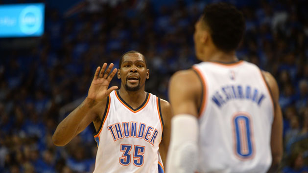 May 12, 2016; Oklahoma City, OK, USA; Oklahoma City Thunder forward Kevin Durant (35) reacts after a play against the San Antonio Spurs during the third quarter in game six of the second round of the NBA Playoffs at Chesapeake Energy Arena. Mandatory Credit: Mark D. Smith-USA TODAY Sports