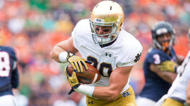 Sep 12, 2015; Charlottesville, VA, USA; Notre Dame Fighting Irish tight end Durham Smythe (80) runs for a touchdown on a fake field goal in the first quarter against the Virginia Cavaliers at Scott Stadium. Mandatory Credit: Matt Cashore-USA TODAY Sports