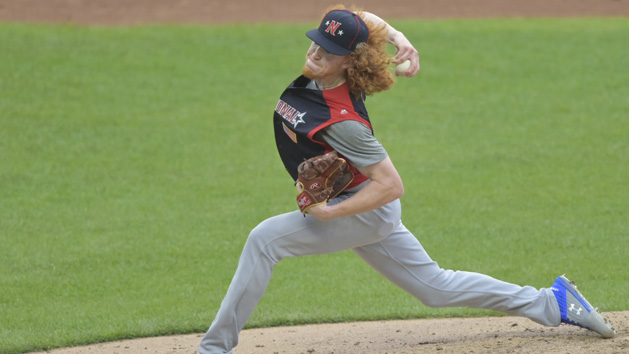 Jul 7, 2019; Cleveland, OH, USA; National League pitcher Dustin May (12) delivers in the third inning against the American League in the 2019 MLB All Star Futures Game at Progressive Field. Photo Credit: David Richard-USA TODAY Sports