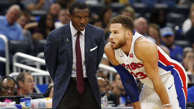 Nov 7, 2018; Orlando, FL, USA; Detroit Pistons head coach Dwane Casey talks with forward Blake Griffin (23) against the Orlando Magic during the first quarter at Amway Center. Photo Credit: Kim Klement-USA TODAY Sports