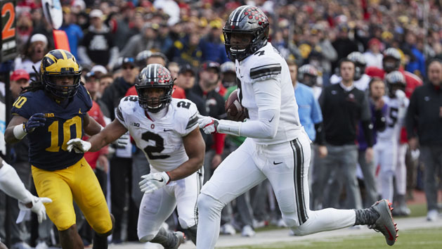 Nov 25, 2017; Ann Arbor, MI, USA; Ohio State Buckeyes quarterback Dwayne Haskins (7) rushes in the second half against the Michigan Wolverines at Michigan Stadium. Photo Credit: Rick Osentoski-USA TODAY Sports