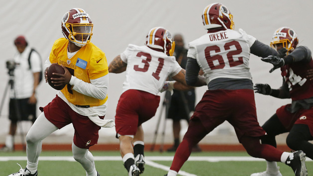 May 10, 2019; Ashburn, VA, USA; Washington Redskins quarterback Dwayne Haskins Jr. (7) prepares to pass the ball during stills as part of rookie minicamp at Redskins Park. Photo Credit: Geoff Burke-USA TODAY Sports