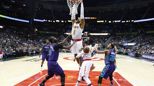 Apr 11, 2017; Atlanta, GA, USA; Atlanta Hawks center Dwight Howard (8) dunks against the Charlotte Hornets in the first half at Philips Arena. Photo Credit: Brett Davis-USA TODAY Sports