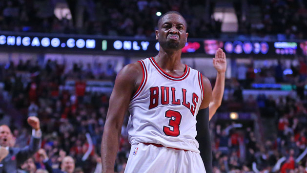 Oct 27, 2016; Chicago, IL, USA; Chicago Bulls guard Dwyane Wade (3) reacts to scoring a three point basket during the second half against the Boston Celtics at the United Center. Chicago won 105-99. Photo Credit: Dennis Wierzbicki-USA TODAY Sports