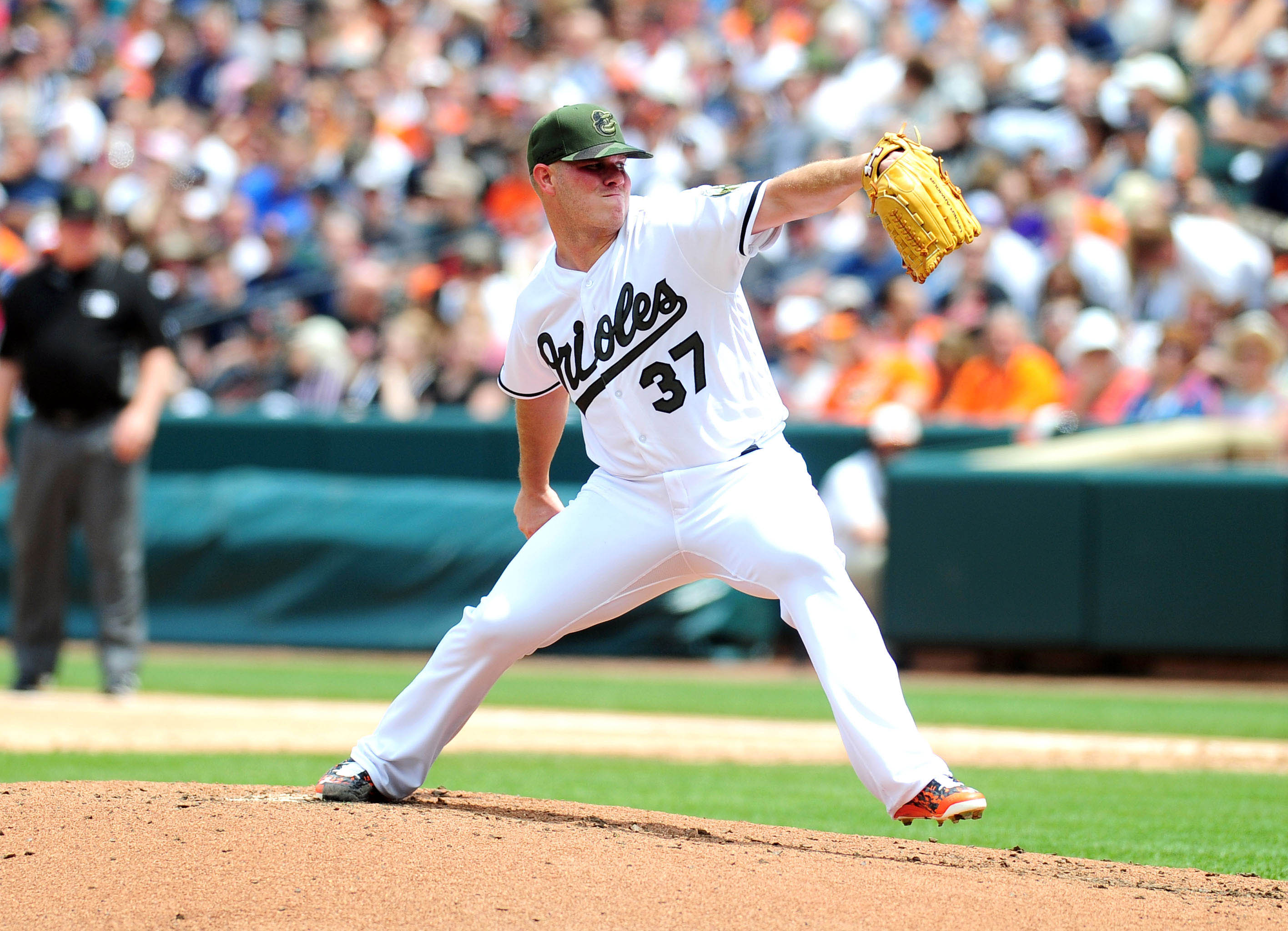 Apr 21, 2017; Baltimore, MD, USA; Baltimore Orioles pitcher Dylan Bundy (37) throws a pitch in the third inning against the Boston Red Sox at Oriole Park at Camden Yards. Mandatory Credit: Evan Habeeb-USA TODAY Sports