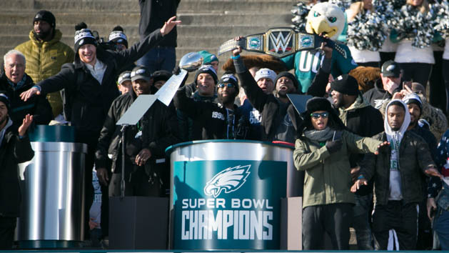 Feb 8, 2018; Philadelphia , PA, USA; The Eagles team sing "Fly Eagles Fly". Thousands gather around the Rocky steps of the Philadelphia Museum of Art as the Super Bowl LII Champions Philadelphia Eagles parade down Broad Street ending at the art museum in Philadelphia. Photo Credit: Suchat Pederson/The News Journal via USA TODAY NETWORK