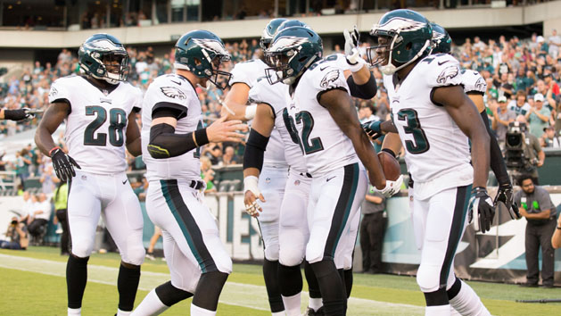 Aug 24, 2017; Philadelphia, PA, USA; Philadelphia Eagles wide receiver Torrey Smith (82) reacts with quarterback Carson Wentz (11) after a touchdown reception against the Miami Dolphins during the first quarter at Lincoln Financial Field. Photo Credit: Bill Streicher-USA TODAY Sports