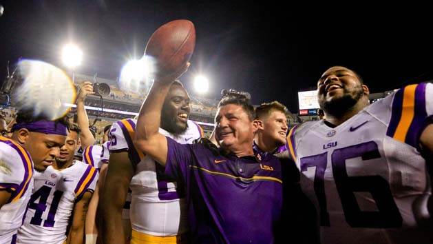 Oct 1, 2016; Baton Rouge, LA, USA; LSU Tigers interim head coach Ed Orgeron celebrates following a win in his first game against the Missouri Tigers at Tiger Stadium. LSU defeated Missouri 42-7. Photo Credit: Derick E. Hingle-USA TODAY Sports