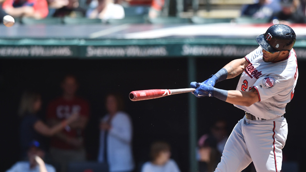 Jun 25, 2017; Cleveland, OH, USA; Minnesota Twins left fielder Eddie Rosario (20) hits a home run during the fourth inning against the Cleveland Indians at Progressive Field. Photo Credit: Ken Blaze-USA TODAY Sports