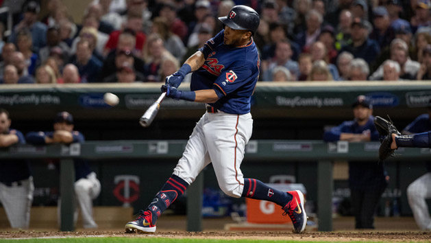 May 28, 2019; Minneapolis, MN, USA; Minnesota Twins right fielder Eddie Rosario (20) hits a two-run home run during the seventh inning against the Milwaukee Brewers at Target Field. Photo Credit: Jordan Johnson-USA TODAY Sports