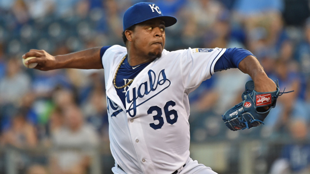 Sep 3, 2015; Kansas City, MO, USA; Kansas City Royals pitcher Edison Volquez (36) delivers a pitch against the Detroit Tigers during the first inning at Kauffman Stadium. Mandatory Credit: Peter G. Aiken-USA TODAY Sports