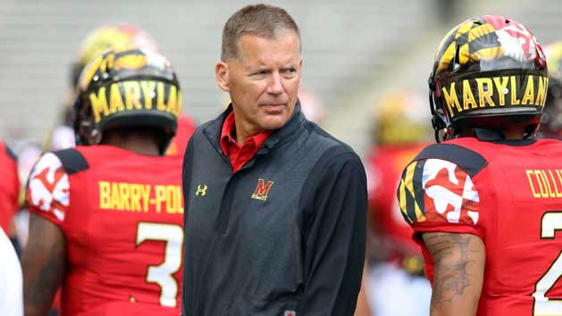 Sep 12, 2015; College Park, MD, USA; Maryland Terrapins head coach Randy Edsall watches from the sidelines against the Bowling Green Falcons at Byrd Stadium. Mandatory Credit: Mitch Stringer-USA TODAY Sports