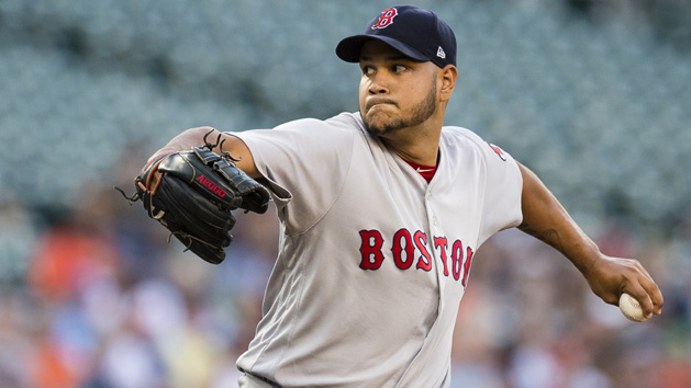 Jul 20, 2015; Anaheim, CA, USA; Boston Red Sox starting pitcher Eduardo Rodriguez (52) reacts after allowing a home run to Los Angeles Angels right fielder Kole Calhoun (not pictured) during the second inning at Angel Stadium of Anaheim. Mandatory Credit: Kelvin Kuo-USA TODAY Sports