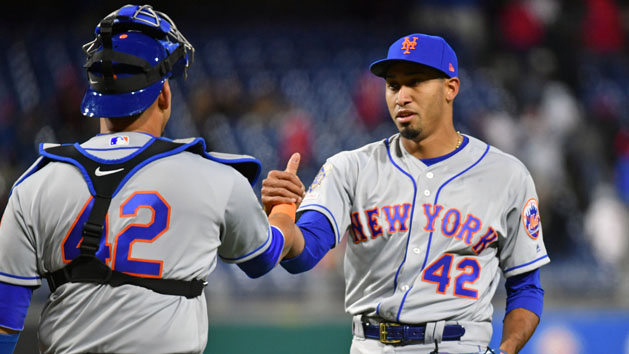 Apr 15, 2019; Philadelphia, PA, USA; New York Mets catcher Wilson Ramos, left and relief pitcher Edwin Diaz celebrate win in eleven innings against the Philadelphia Phillies at Citizens Bank Park. Photo Credit: Eric Hartline-USA TODAY Sports
