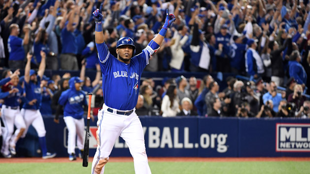 Oct 4, 2016; Toronto, Ontario, CAN; Toronto Blue Jays designated hitter Edwin Encarnacion (10) hits a walk off home run to beat the Baltimore Orioles during the eleventh inning in the American League wild card playoff baseball game at Rogers Centre. Photo Credit: Nick Turchiaro-USA TODAY Sports