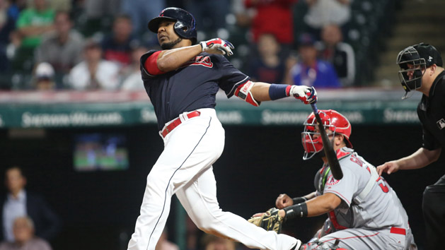 Jul 25, 2017; Cleveland, OH, USA; Cleveland Indians designated hitter Edwin Encarnacion (10) hits a game winning walk off grand slam to win the game against the Los Angeles Angels in eleventh innings at Progressive Field. Photo Credit: Charles LeClaire-USA TODAY Sports