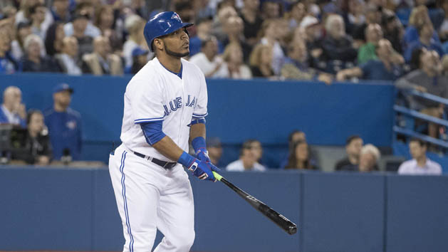 Jun 10, 2016; Toronto, Ontario, CAN; Toronto Blue Jays designated hitter Edwin Encarnacion (10) reacts after hitting a home run against the Baltimore Orioles during the tenth inning in a game at Rogers Centre. The Blue Jays won 4-3. Photo Credit: Nick Turchiaro-USA TODAY Sports