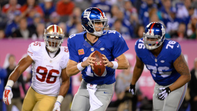 Oct 11, 2015; East Rutherford, NJ, USA; New York Giants quarterback Eli Manning (10) prepares to throw the ball in the first quarter against the San Francisco 49ers at MetLife Stadium. Mandatory Credit: Robert Deutsch-USA TODAY Sports