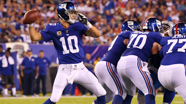 Sep 18, 2017; East Rutherford, NJ, USA; New York Giants quarterback Eli Manning (10) throws a pass in the second half against the Detroit Lions during a NFL football game at MetLife Stadium. Photo Credit: Robert Deutsch-USA TODAY Sports