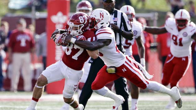 Oct 15, 2016; Bloomington, IN, USA; Indiana Hoosiers wide receiver Mitchell Paige (87) is tackled by Nebraska Cornhuskers defensive back Eli Sullivan (28) during the first half of the game at Memorial Stadium. Photo Credit: Marc Lebryk-USA TODAY Sports