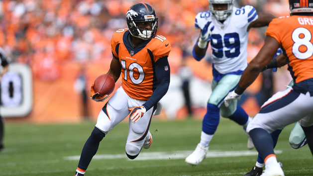 Sep 17, 2017; Denver, CO, USA; Denver Broncos wide receiver Emmanuel Sanders (10) carries the ball in the first quarter against the Dallas Cowboys at Sports Authority Field at Mile High. Photo Credit: Ron Chenoy-USA TODAY Sports