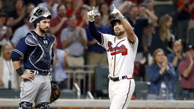 Apr 14, 2017; Atlanta, GA, USA; Atlanta Braves center fielder Ender Inciarte (11) celebrates his two-run home run against the San Diego Padres during the sixth inning of the first MLB game at SunTrust Park. Photo Credit: Brett Davis-USA TODAY Sports