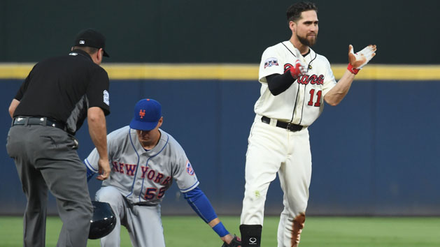 Sep 10, 2016; Atlanta, GA, USA; Atlanta Braves center fielder Ender Inciarte (11) beats the tag of New York Mets third baseman Kelly Johnson (55) during the first inning at Turner Field. Photo Credit: Shanna Lockwood-USA TODAY Sports