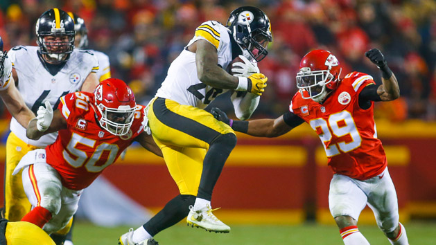 Jan 15, 2017; Kansas City, MO, USA; Pittsburgh Steelers running back Le'Veon Bell (26) is tackled by Kansas City Chiefs linebacker Justin Houston (50) and safety Eric Berry (29) during the first half in the AFC Divisional playoff game at Arrowhead Stadium. The Steelers won 18-16. Photo Credit: Jay Biggerstaff-USA TODAY Sports