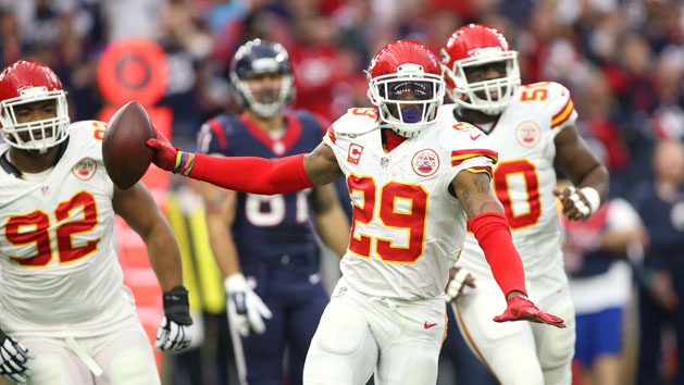 Jan 9, 2016; Houston, TX, USA; Kansas City Chiefs free safety Eric Berry (29) reacts after intercepting a pass against the Houston Texans during the first quarter in a AFC Wild Card playoff football game at NRG Stadium. Photo Credit: Troy Taormina-USA TODAY Sports