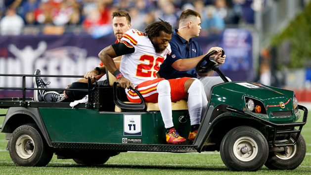 Sep 7, 2017; Foxborough, MA, USA; Kansas City Chiefs cornerback Eric Berry (25)) is carted off of the field after an injury in the fourth quarter at Gillette Stadium. Photo Credit: Greg M. Cooper-USA TODAY Sports