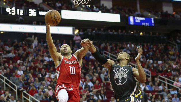 Jan 20, 2018; Houston, TX, USA; Golden State Warriors forward David West (3) is called for a foul on a play against Houston Rockets guard Eric Gordon (10) during the second quarter at Toyota Center. Photo Credit: Troy Taormina-USA TODAY Sports