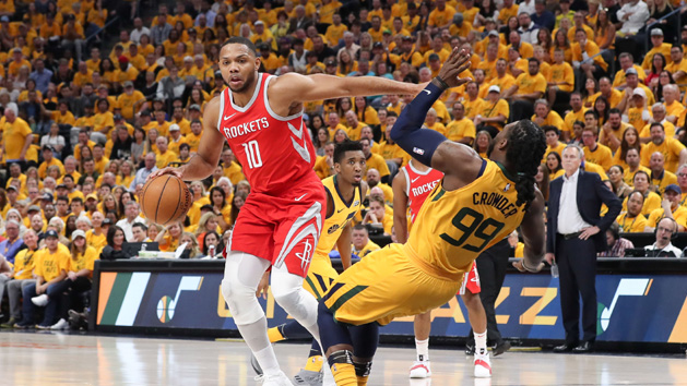 May 6, 2018; Salt Lake City, UT, USA; Houston Rockets guard Eric Gordon (10) commits an offensive foul on Utah Jazz forward Jae Crowder (99) during the second quarter in game four of the second round of the 2018 NBA Playoffs at Vivint Smart Home Arena. Photo Credit: Chris Nicoll-USA TODAY Sports