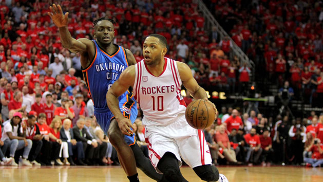 Apr 19, 2017; Houston, TX, USA; Houston Rockets guard Eric Gordon (10) drives to the basket while Oklahoma City Thunder forward Jerami Grant (9) defends during the fourth quarter in game two of the first round of the 2017 NBA Playoffs at Toyota Center. Photo Credit: Erik Williams-USA TODAY Sports