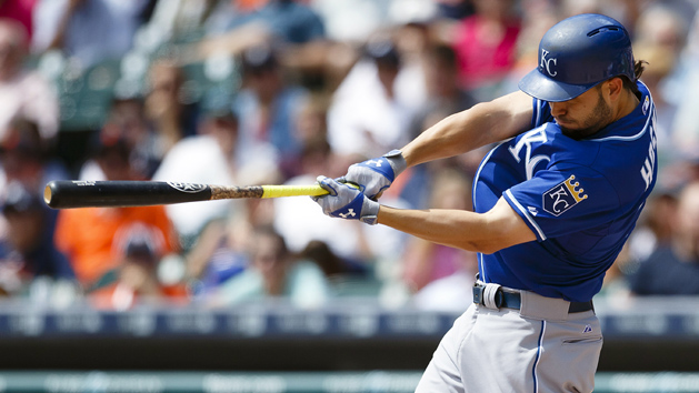 Aug 6, 2015; Detroit, MI, USA; Kansas City Royals first baseman Eric Hosmer has been putting good swings on the ball of late. (Rick Osentoski-USA TODAY Sports)