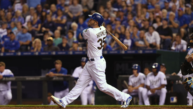 May 30, 2016; Kansas City, MO, USA; Kansas City Royals first baseman Eric Hosmer (35) hits a home run against the Tampa Bay Rays in the eighth inning at Kauffman Stadium. Kansas City won 6-2. Mandatory Credit: John Rieger-USA TODAY Sports